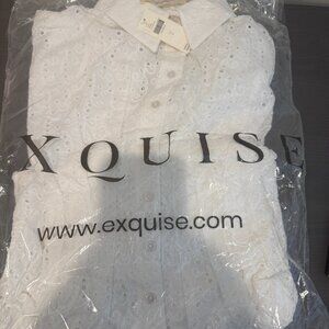 The Tobie Button-Front Pleated Eyelet Mini Shirt Dress by Exquise